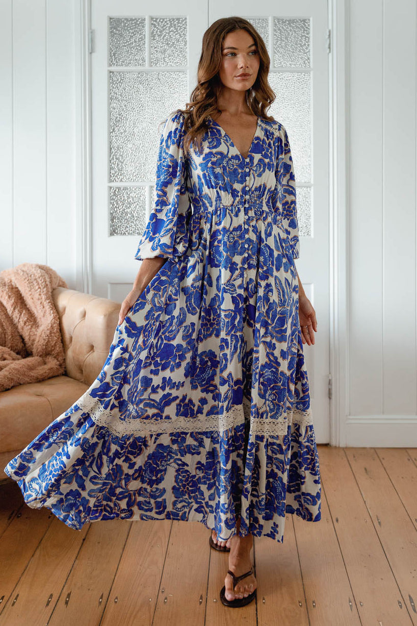 Jaase Carmen Maxi Dress with Long Sleeve V-Neck Pockets Buttoned - Indigo Bloom - Style House Fashion