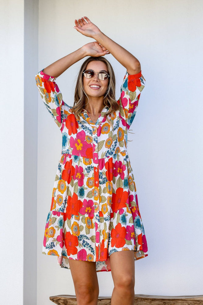 Joop & Gypsy Kaya Mini Dress with V Neck Buttons Pockets - Red Tropics - Style House Fashion Joop and Gypsy Joop and Gypsy Joop and Gypsy Joop and Gypsy
