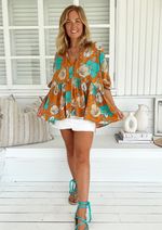 Jaase Chloe Tunic Top with Billowy Sleeve V Neckline - Aqua Fields - Style House Fashion