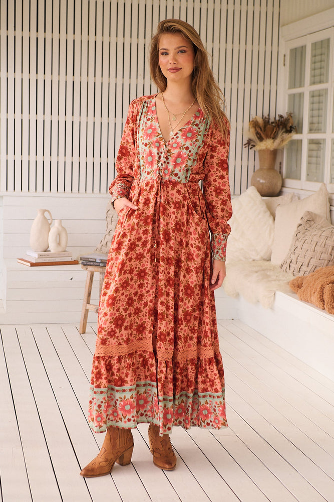 Jaase Arlo Maxi Dress with Pockets V-Neck Buttons Bodice Drawstring Waist - Lillianna - Style House Fashion Jaase