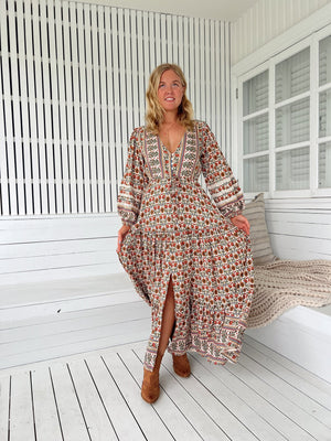 Jaase Teresa Maxi Dress with Long Sleeve Lace Detail Drawstring - Harlowe - Style House Fashion Jaase