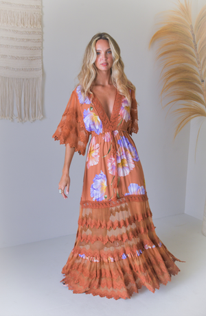 Jaase Bungalow Cotton Lace Maxi Dress with V-Neck Lace Drawstring Batwing Sleeve -Amara Bloom - Style House Fashion Jaase
