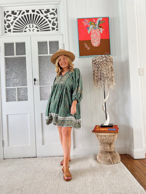 Jaase Adela Dress with Buttoned Bodice V-Neck Pockets - Viridian - Style House Fashion Jaase