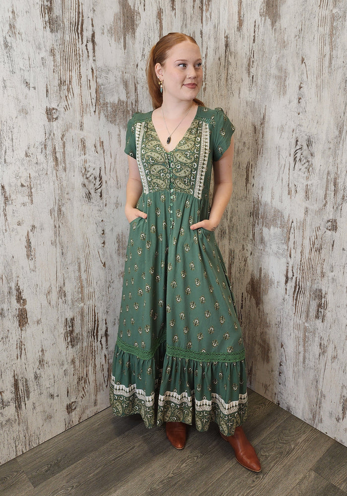 Jaase Carmen Maxi Dress with Cap Shell Sleeve V Neck Pockets Buttoned - Viridian