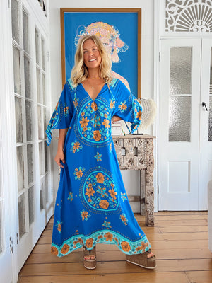 Jaase Bree Maxi Dress with V Neck Button Bodice Hankerchief Sleeve - Riviera - Style House Fashion Jaase