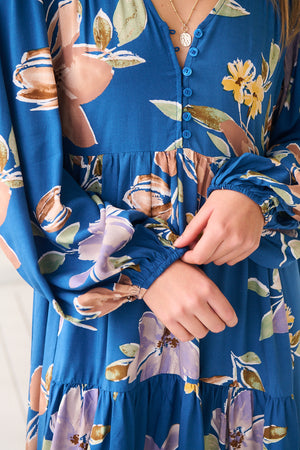 Jaase Eve Midi Dress with V-Neck Buttons Long Sleeve - Georgia Blue - Style House Fashion Jaase Jaase
