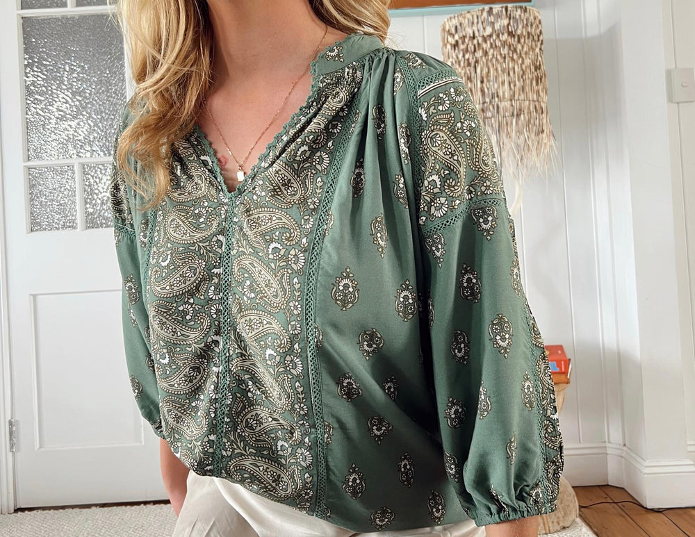 Jaase Montie Blouse with Mandarin Collar V-Neck - Viridian - Style House Fashion Jaase Jaase