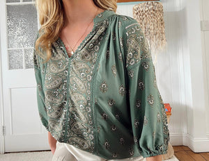 Jaase Montie Blouse with Mandarin Collar V-Neck - Viridian - Style House Fashion Jaase Jaase