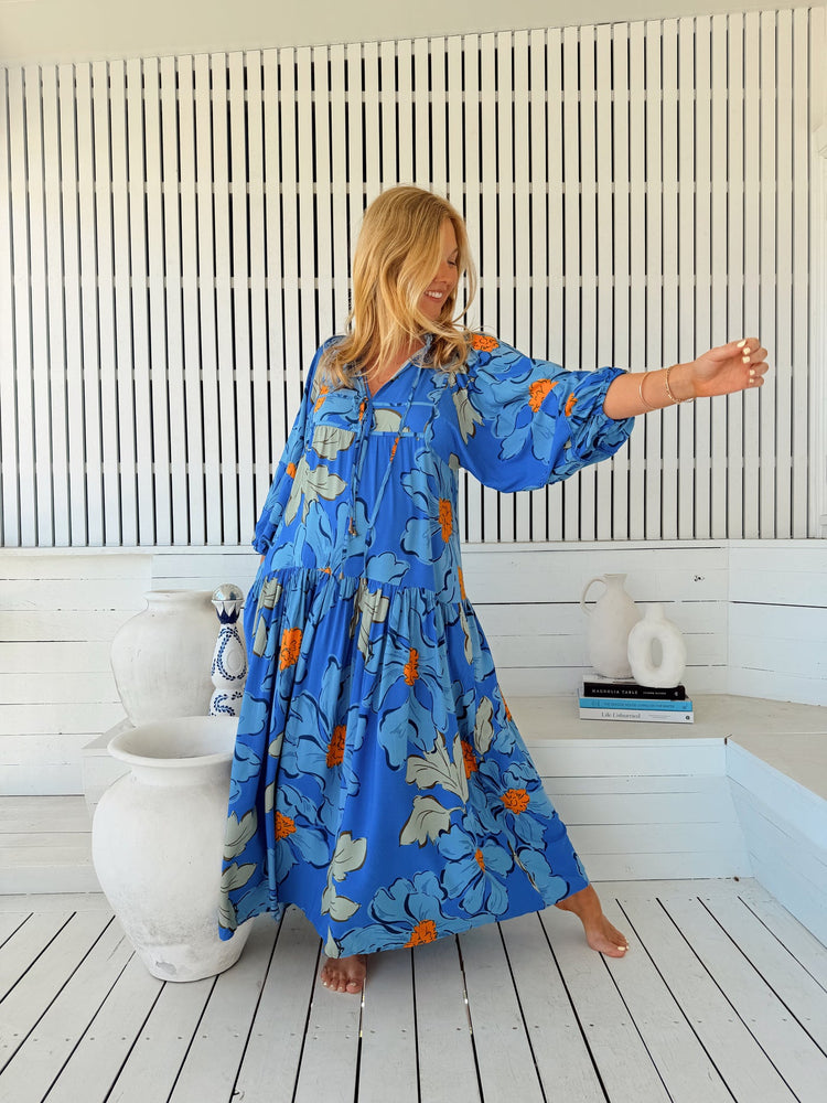 Jaase Loretta Maxi Dress with Pockets V-Neck Tie Bodice - Blue Bell - Style House Fashion Jaase