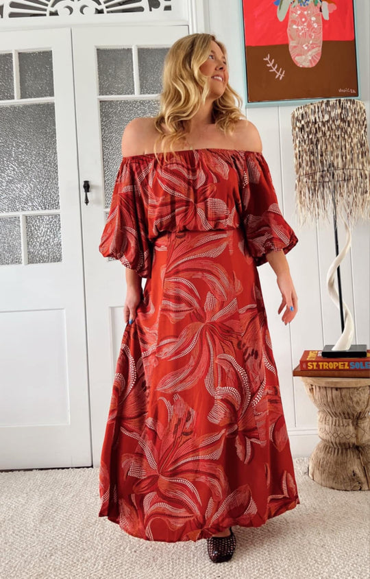 Jaase Hallie Maxi Dress with Off Shoulder A-Line Skirt Puff Sleeve - Hibiscus