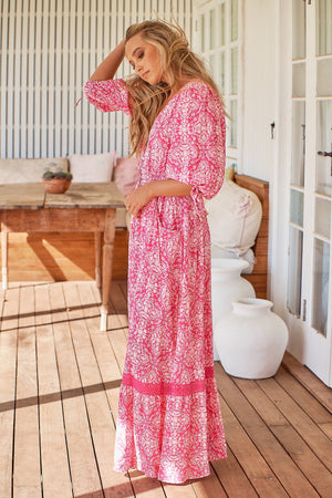 Jaase Molli Maxi Dress with Half Sleeve V Neck Pockets - Pink Lemonade - Style House Fashion