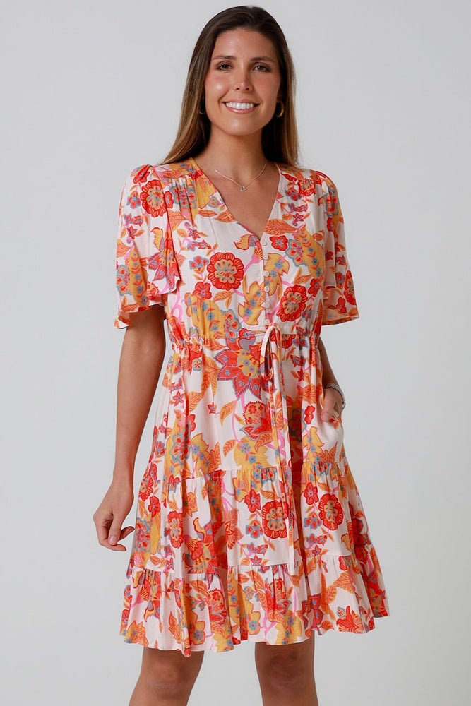 Isabella Mira Mini Dress with V-Neck Pockets - Citrus Crush