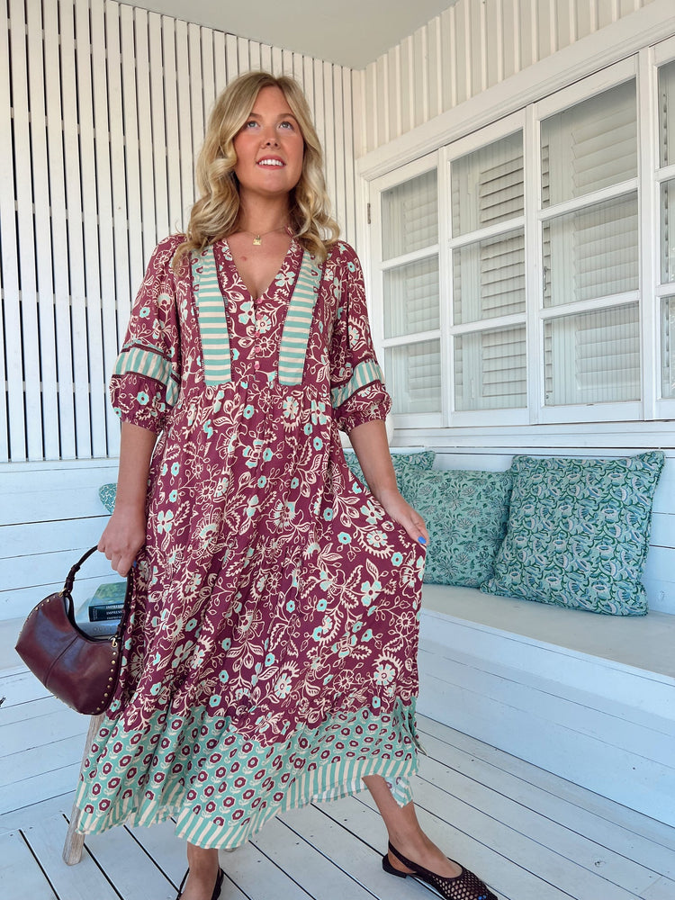 Jaase Mila Midi Dress with V Neck Buttoned Bodice Half Sleeve - Athena - Style House Fashion Jaase
