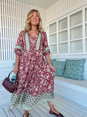 Jaase Mila Midi Dress with V Neck Buttoned Bodice Half Sleeve - Athena - Style House Fashion Jaase