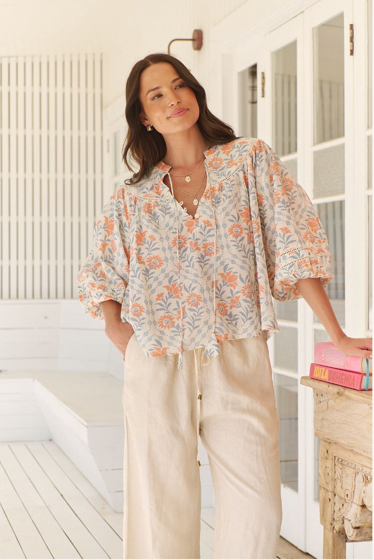 Jaase Carla Blouse Top 100% Cotton With V-Neck  Buttons - Soft Petals - Style House Fashion