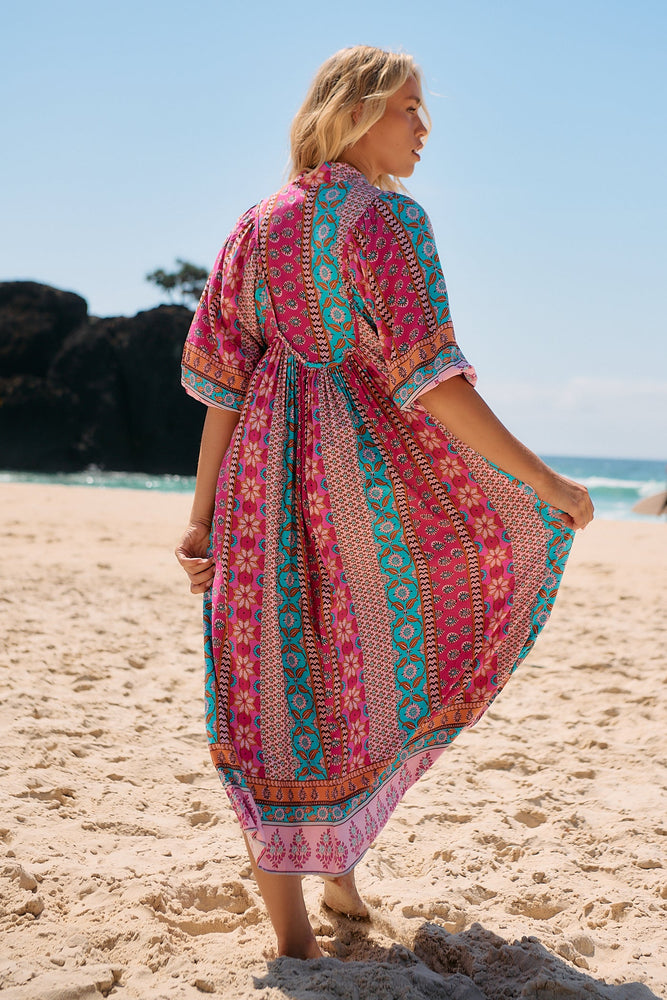 Jaase Boheme Midi Dress with Mandarin Collar V Neck Pockets - Cedella - Style House Fashion Jaase