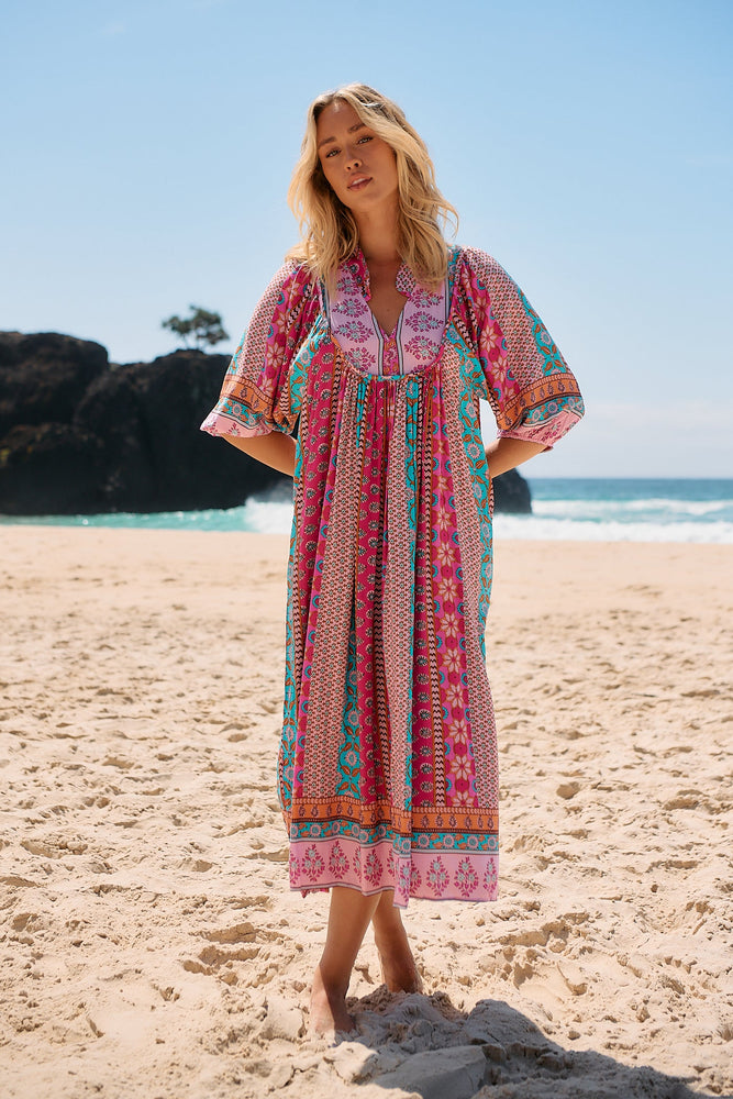Jaase Boheme Midi Dress with Mandarin Collar V Neck Pockets - Cedella - Style House Fashion Jaase