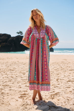 Jaase Boheme Midi Dress with Mandarin Collar V Neck Pockets - Cedella - Style House Fashion Jaase