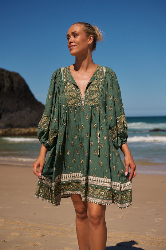 Jaase Adela Dress with Buttoned Bodice V-Neck Pockets - Viridian