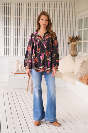 Jaase Eliza Blouse with V-Neck Lace Buttons Balloon Sleeve - Monarch Bloom - Style House Fashion