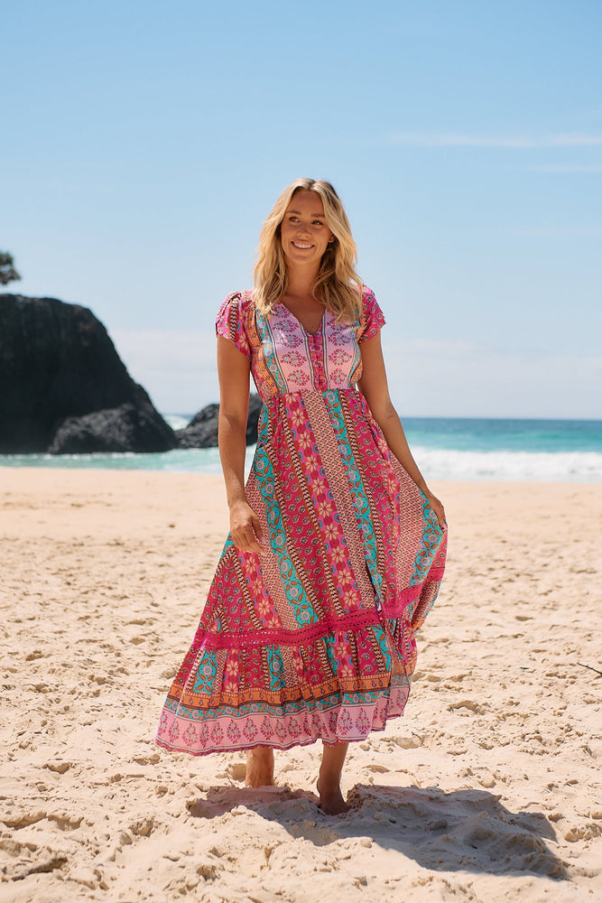 Jaase Carmen Maxi Dress with Cap Shell Sleeve V Neck Pockets Buttoned - Cedella - Style House Fashion Jaase Jaase Jaase