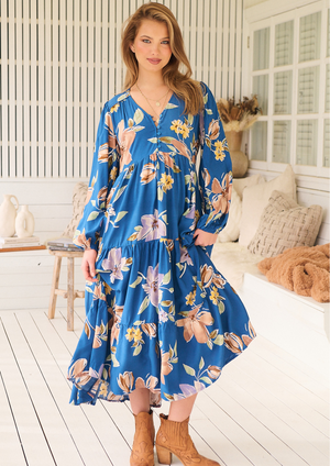 Jaase Eve Midi Dress with V-Neck Buttons Long Sleeve - Georgia Blue - Style House Fashion Jaase Jaase