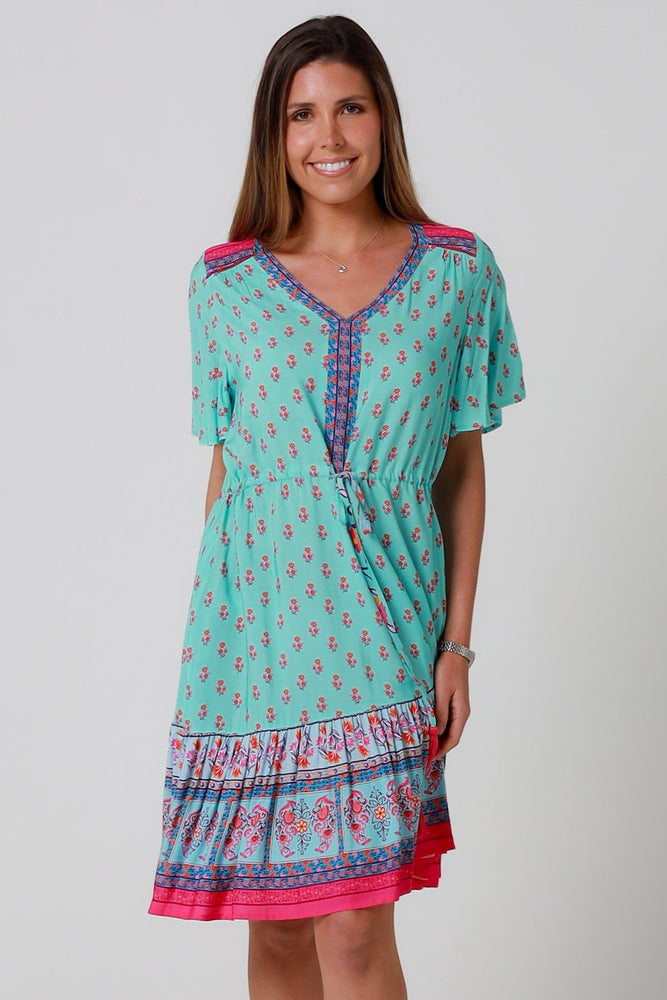 Isabella Wrenlea Mini Dress with V-Neck Pockets - Aqua Floral