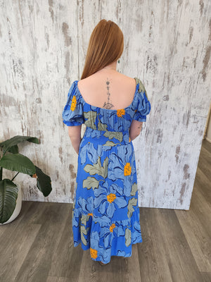 Jaase Rini Midi Dress V Neck Off Shoulder Elastic Waist - Blue Bell - Style House Fashion Jaase