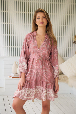 Jaase Inka Mini Dress with V Neck Buttoned Long Sleeve - Angelina - Style House Fashion Jaase Jaase Jaase