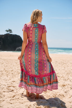 Jaase Carmen Maxi Dress with Cap Shell Sleeve V Neck Pockets Buttoned - Cedella - Style House Fashion Jaase Jaase Jaase