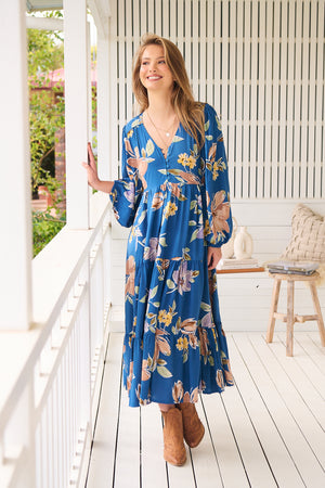 Jaase Eve Midi Dress with V-Neck Buttons Long Sleeve - Georgia Blue - Style House Fashion Jaase Jaase