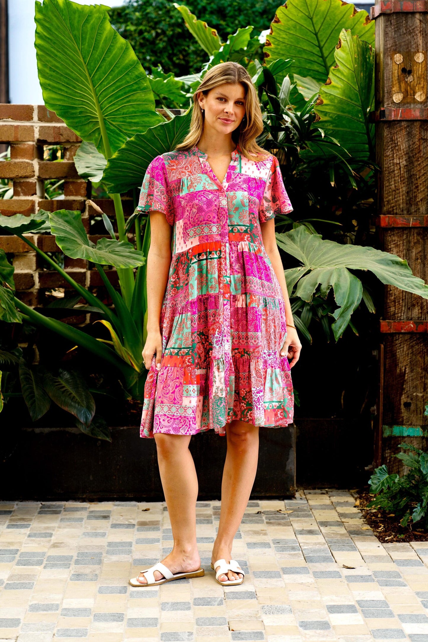 Boho Australia Perry Midi Dress with V-Neck Buttons Pockets - Fuscia Patch - Style House Fashion