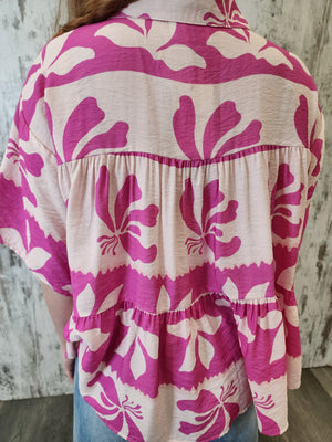 Iris Maxi Sarah Cotton Blouse Top with V-Neck Collar Buttoned Wide Sleeve - Pink Paradise