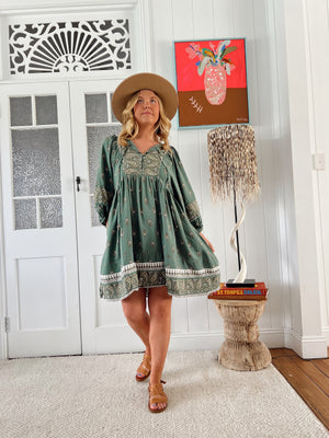 Jaase Adela Dress with Buttoned Bodice V-Neck Pockets - Viridian - Style House Fashion Jaase