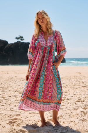 Jaase Boheme Midi Dress with Mandarin Collar V Neck Pockets - Cedella - Style House Fashion Jaase