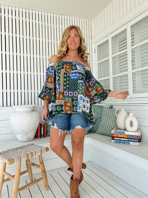 Jaase Clover Top Blouse with Off Shoulder Boho Sleeve - Emerald Cove - Style House Fashion Jaase