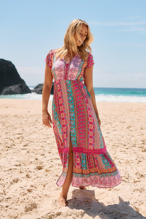 Jaase Carmen Maxi Dress with Cap Shell Sleeve V Neck Pockets Buttoned - Cedella - Style House Fashion Jaase Jaase Jaase