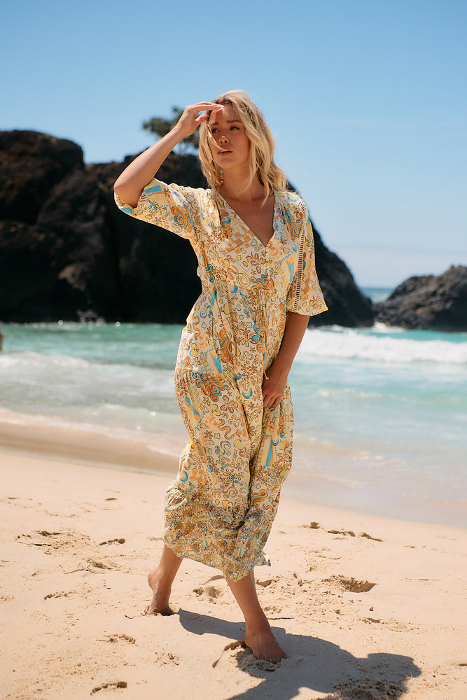 Jaase Ebony Maxi Dress with Half Sleeve V Neck Crochet Pockets - Sonnie - Style House Fashion Jaase