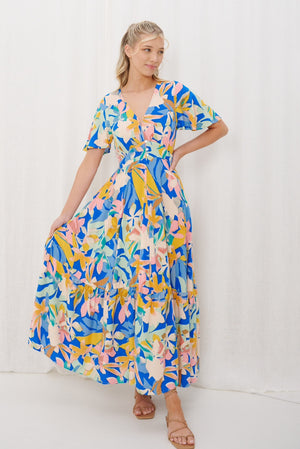 Iris Maxi Stacey Maxi Dress with V Neck Flutter Sleeve Empire Waist  - Aruba - Style House Fashion Iris Maxi