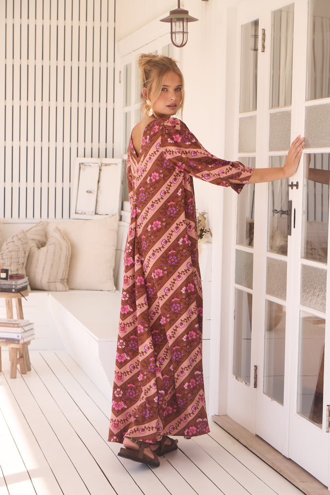 Jaase London Maxi Dress with V Neck Relaxed Shift - Savanna - Style House Fashion Jaase