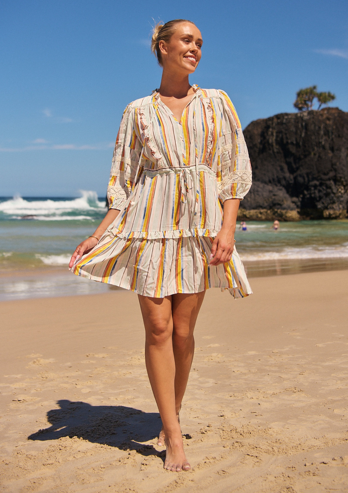 Jaase Remy Mini Dress with Pockets Drawstring Waist Half Sleeve Button Bodice - Coloured Sands - Style House Fashion Jaase Jaase