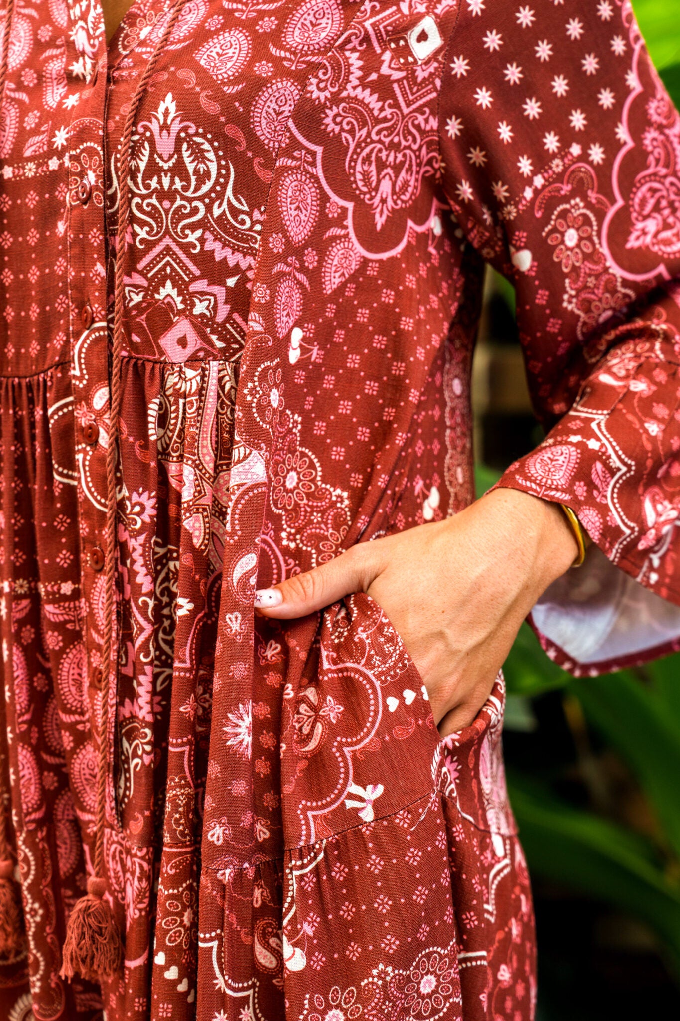 Boho Australia Rujuta Mini Dress with V-Neck Tie Bell Sleeve Pockets - Barn Red - Style House Fashion