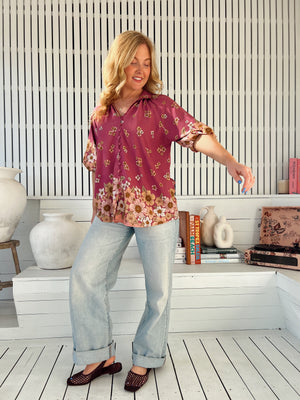 Jaase Arden Blouse with V-Neck Buttoned Half Sleeve Elastic Cuff - Bee Orchid - Style House Fashion Jaase