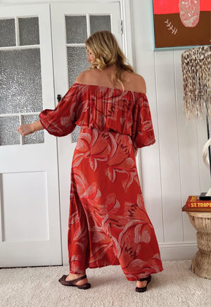 Jaase Hallie Maxi Dress with Off Shoulder A-Line Skirt Puff Sleeve - Hibiscus