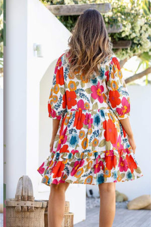 Joop & Gypsy Kelly Mini Dress V Neck Pockets - Red Tropics - Style House Fashion