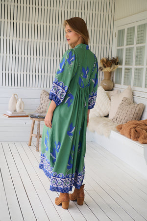 Jaase Boheme Midi Dress with Mandarin Collar V Neck Pockets - Bluebird - Style House Fashion Jaase