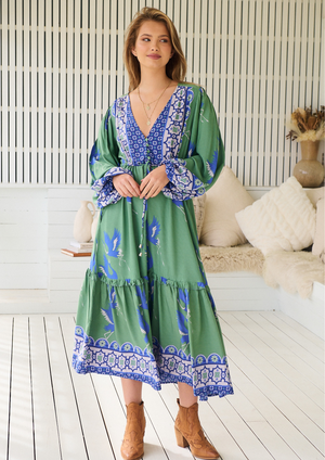 Jaase Willa Midi Dress with Pockets V-Neck Buttons Bodice Drawstring Waist - Bluebird - Style House Fashion Jaase Jaase