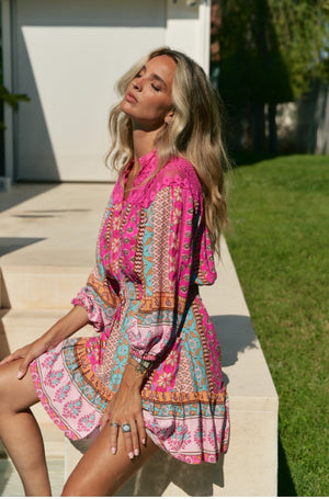 Jaase Olivia Mini Dress with Pockets Buttoned Shirred Waist - Cedella - Style House Fashion Jaase
