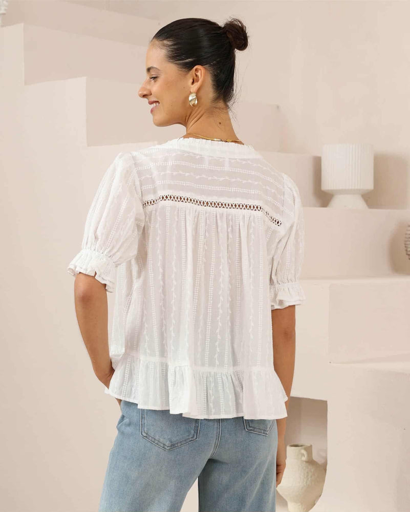 Iris Maxi Toni Cotton Blouse Top with Lace Detail V-Neck Sleeve Buttons Ties - White