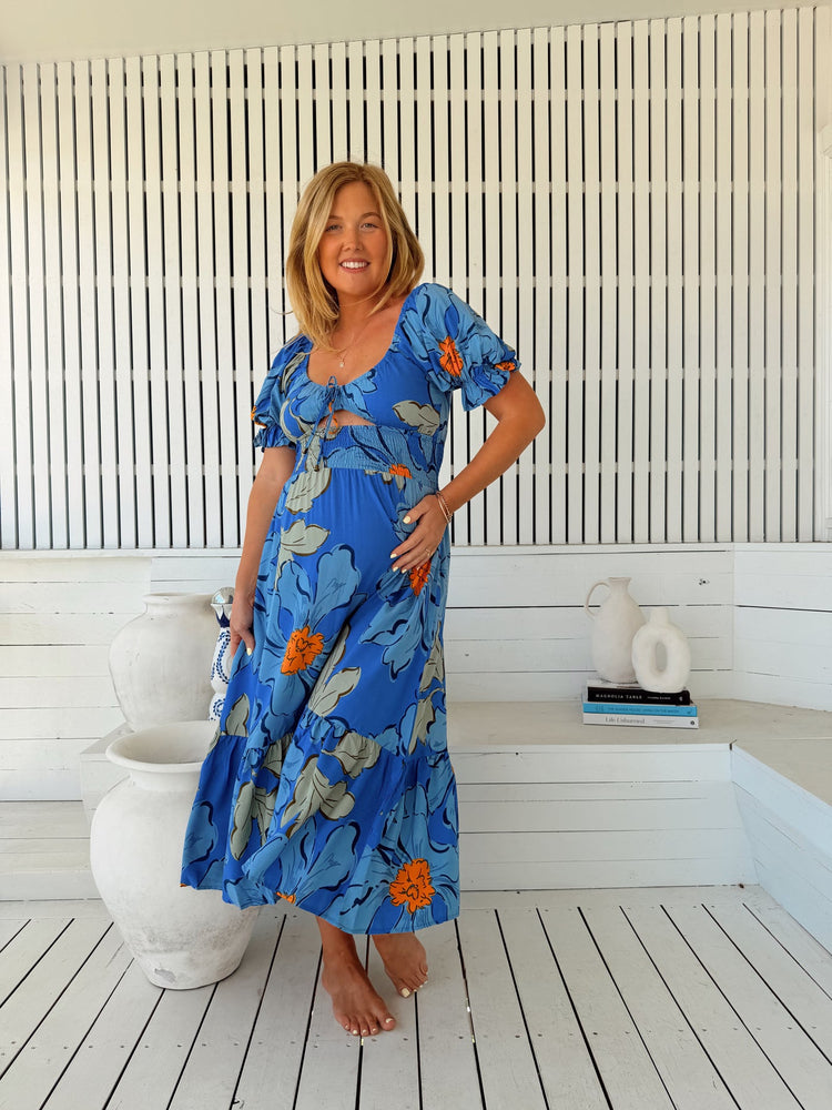 Jaase Rini Midi Dress V Neck Off Shoulder Elastic Waist - Blue Bell - Style House Fashion Jaase